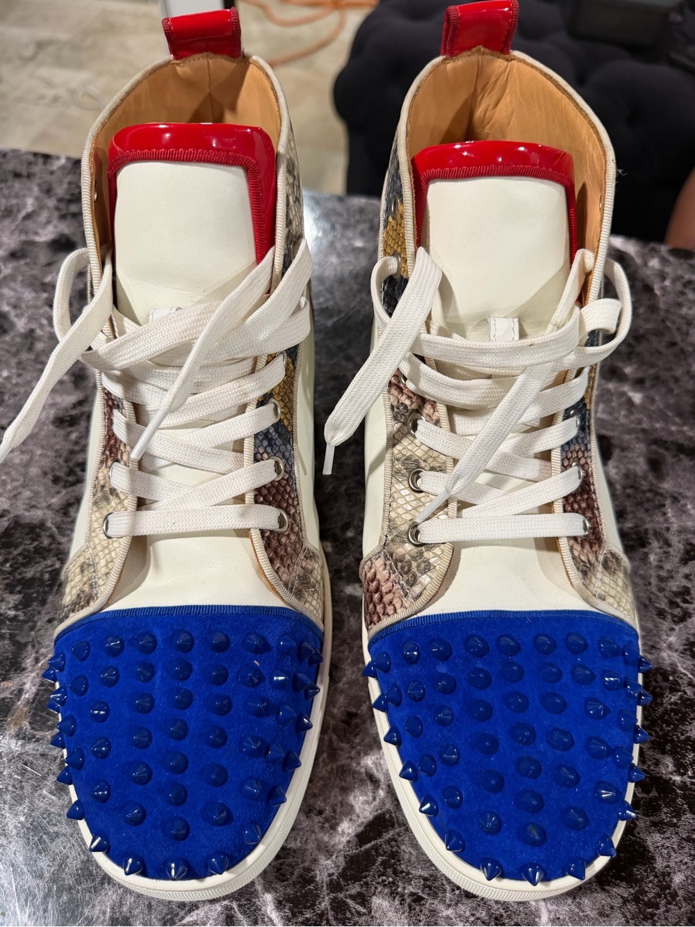 Christian Louboutin Studded Blue-Toe High Top Sneakers